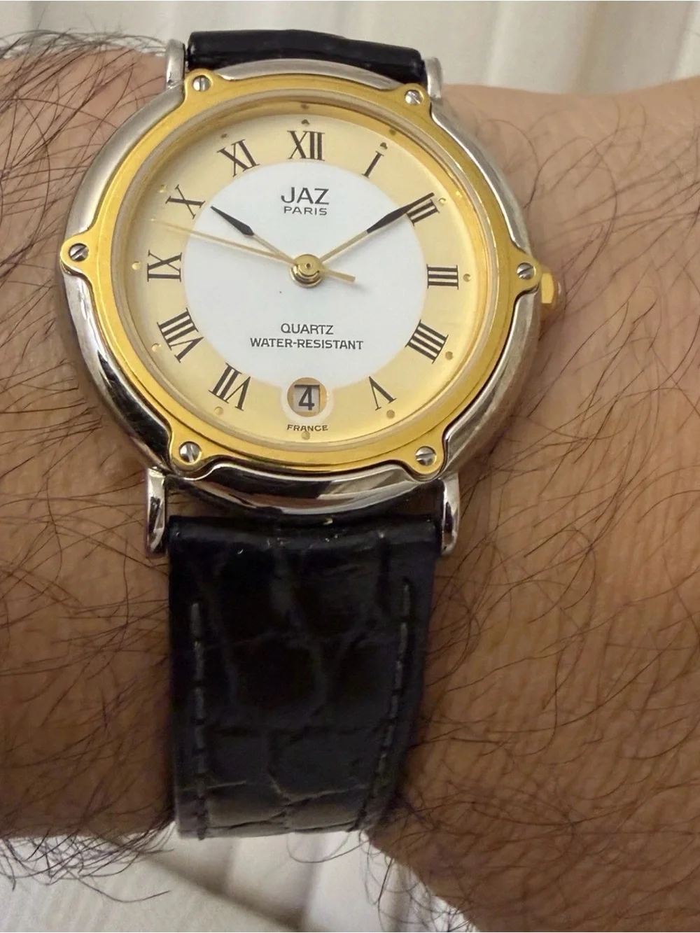 Vintage JAZ Paris Two-Tone Unisex Watch X5 XM8/6 Round Roman Numeral Date 31mm